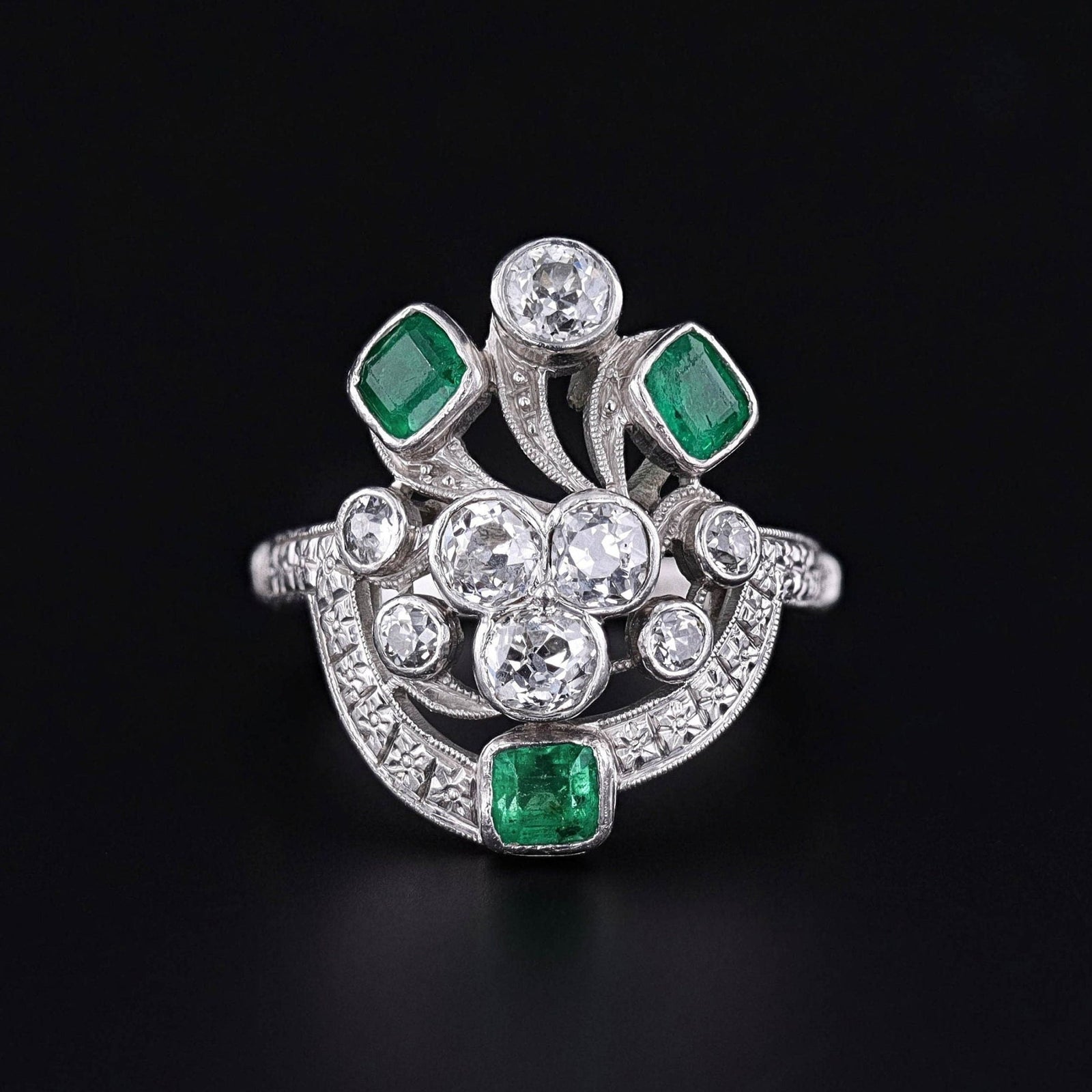 ON HOLD for D. - Vintage Art Deco Emerald and Diamond Ring of Platinum - Trademark Antiques