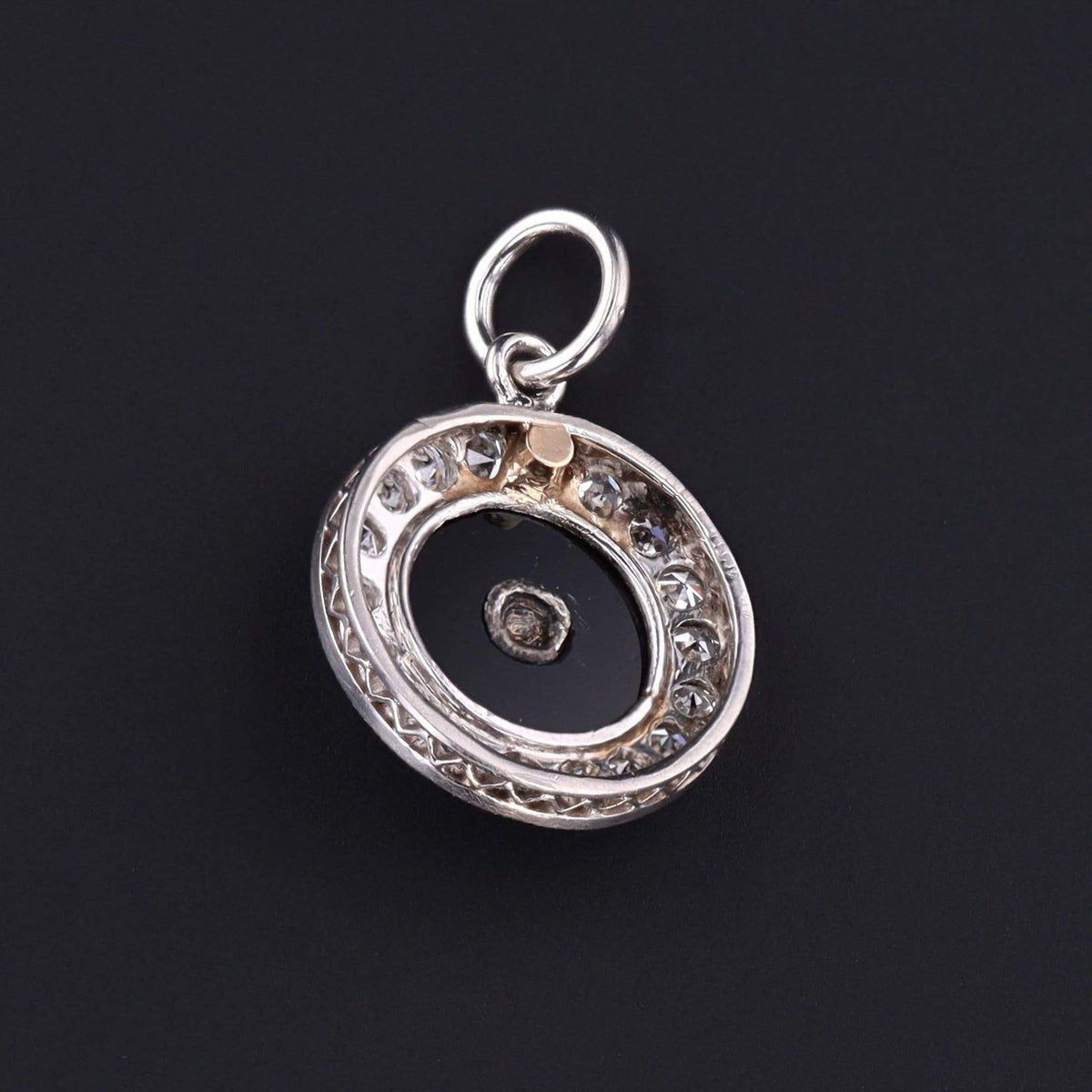 Onyx &amp; Diamond Charm | Platinum Onyx Diamond and Pearl Pendant - Trademark Antiques