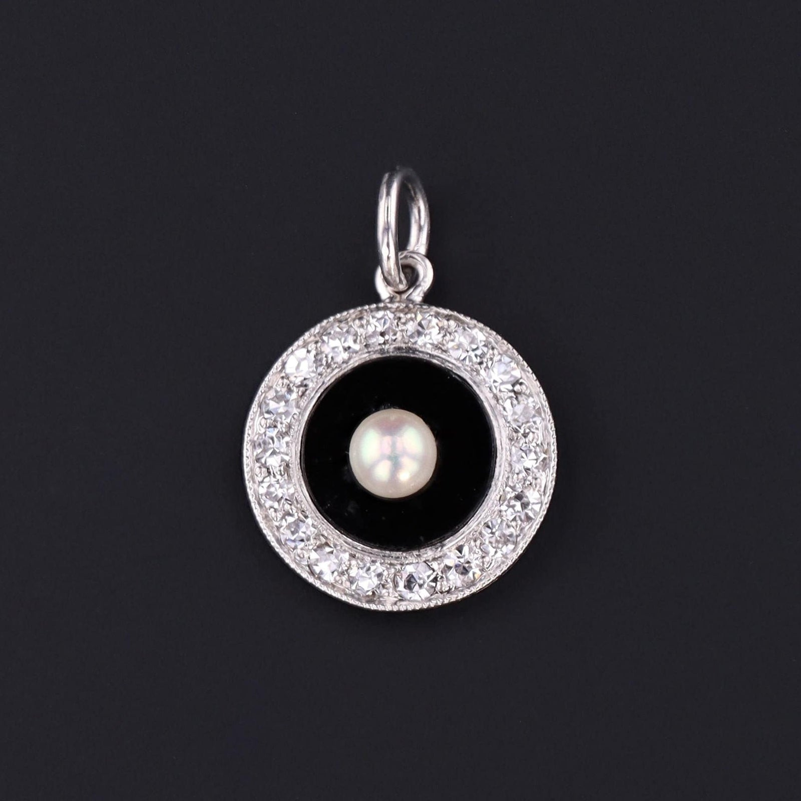 Onyx & Diamond Charm | Platinum Onyx Diamond and Pearl Pendant - Trademark Antiques