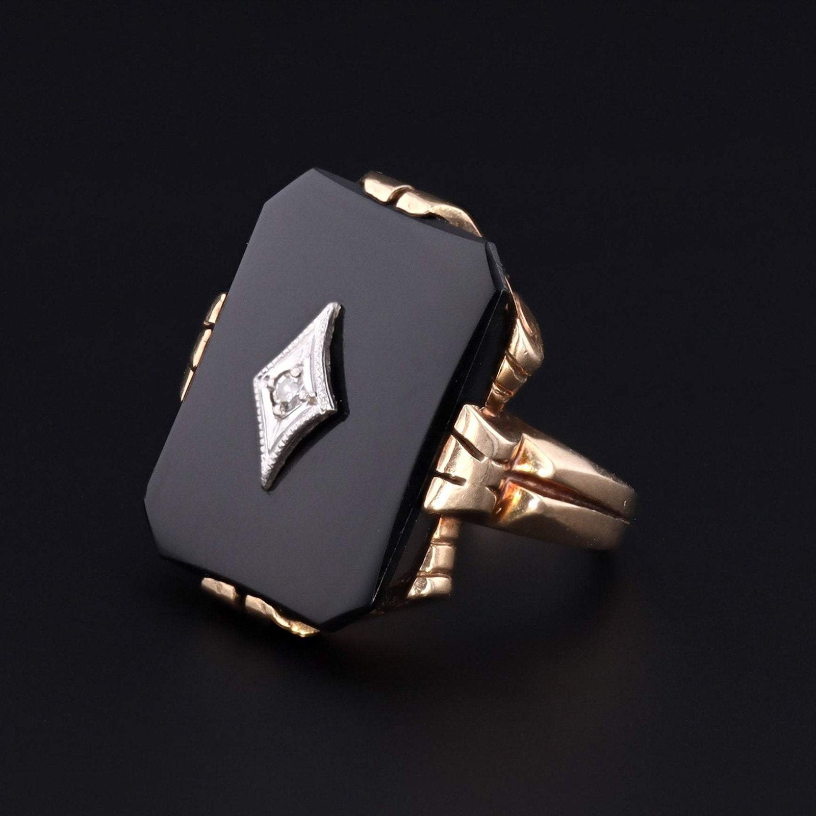 Onyx & Diamond Ring | Vintage Onyx Ring - Trademark Antiques