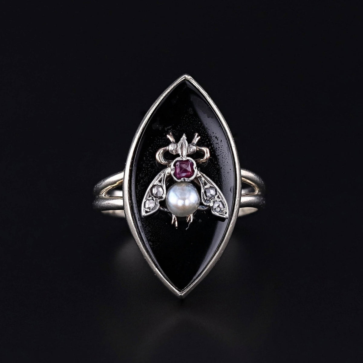 Onyx Diamond &amp; Ruby Insect Conversion Ring of 14k White Gold - Trademark Antiques