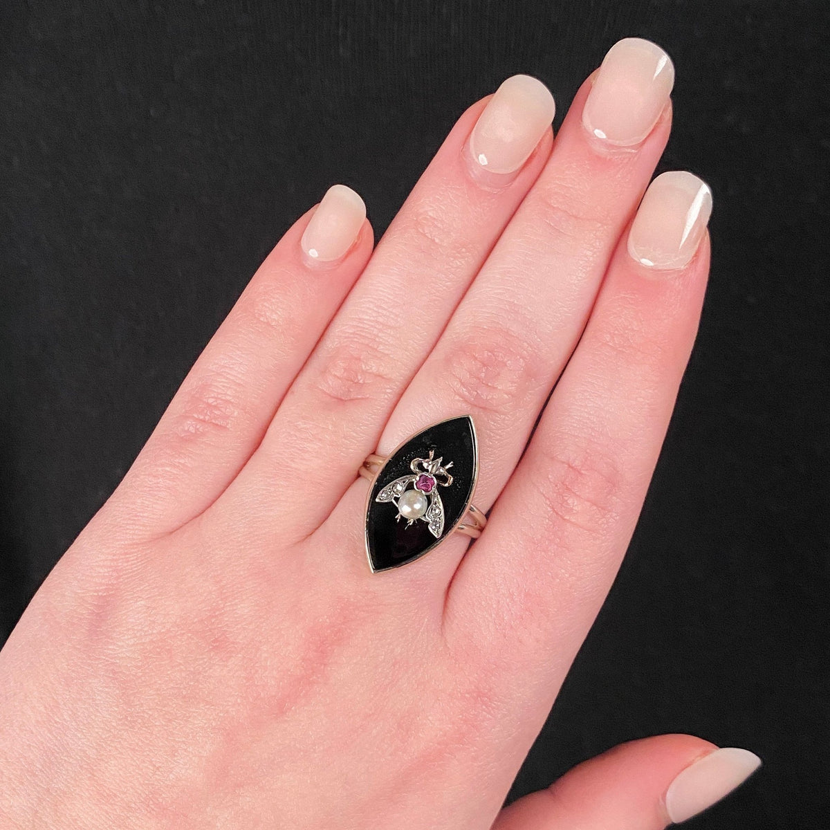 Onyx Diamond &amp; Ruby Insect Conversion Ring of 14k White Gold - Trademark Antiques