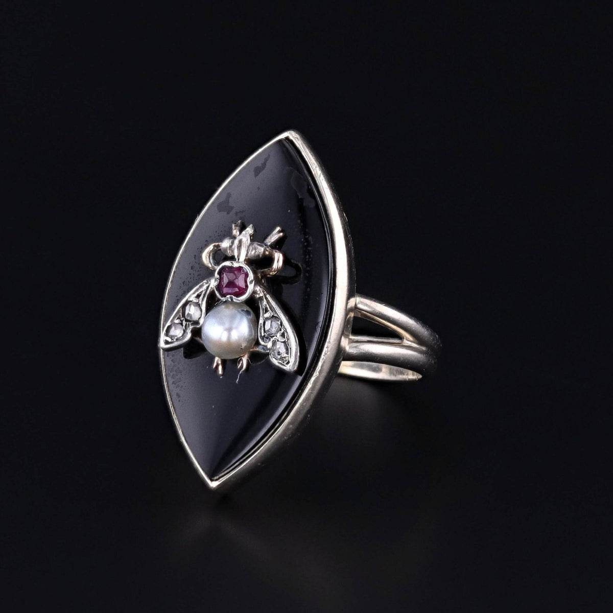 Onyx Diamond &amp; Ruby Insect Conversion Ring of 14k White Gold - Trademark Antiques