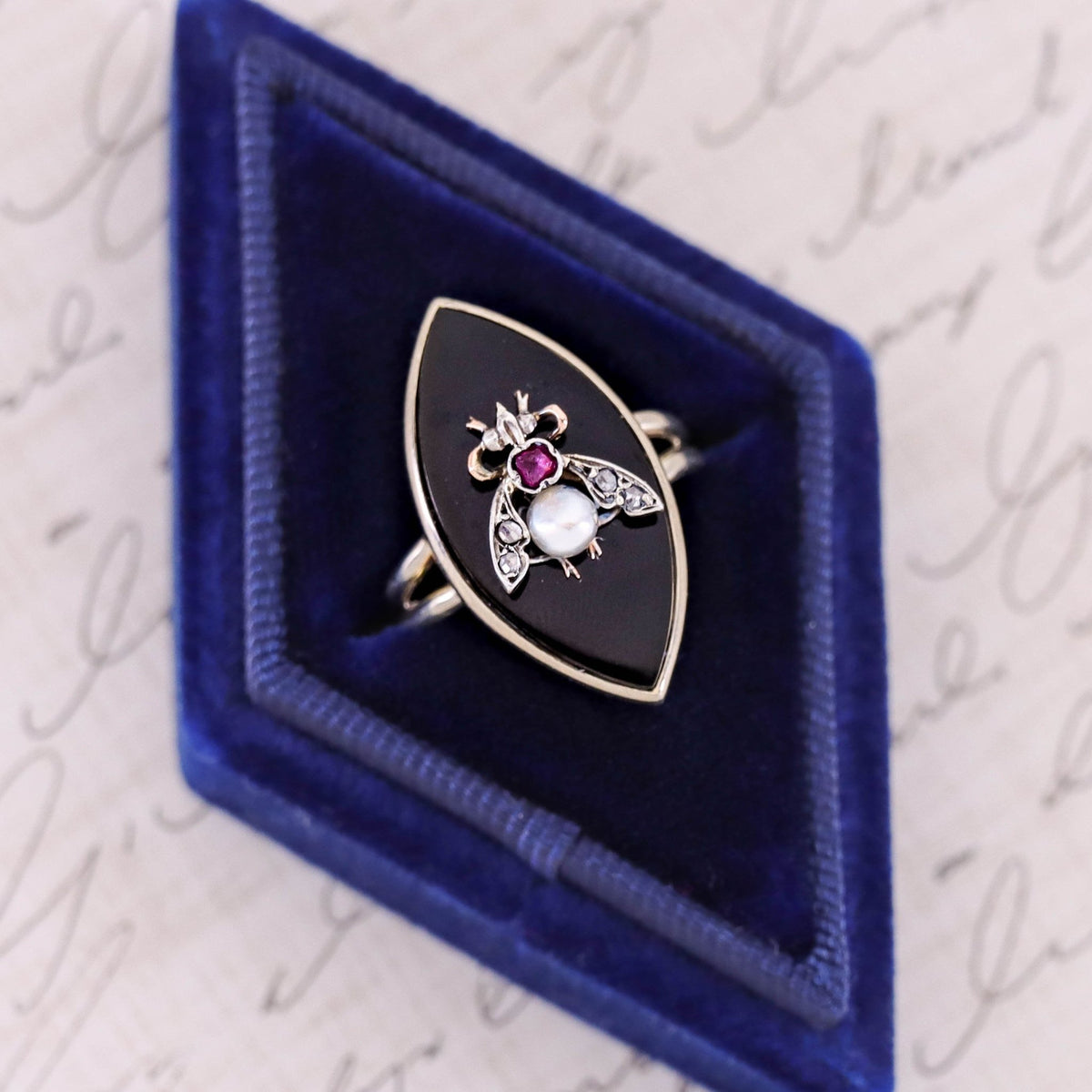 Onyx Diamond &amp; Ruby Insect Conversion Ring of 14k White Gold - Trademark Antiques