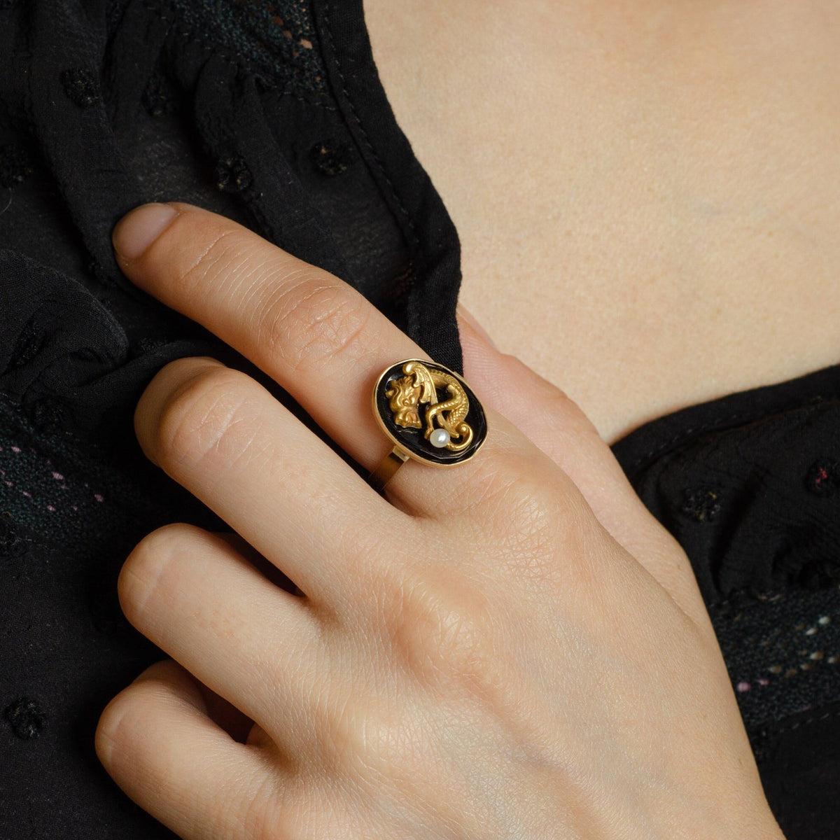 Onyx Dragon Ring | Antique Pin Conversion - Trademark Antiques
