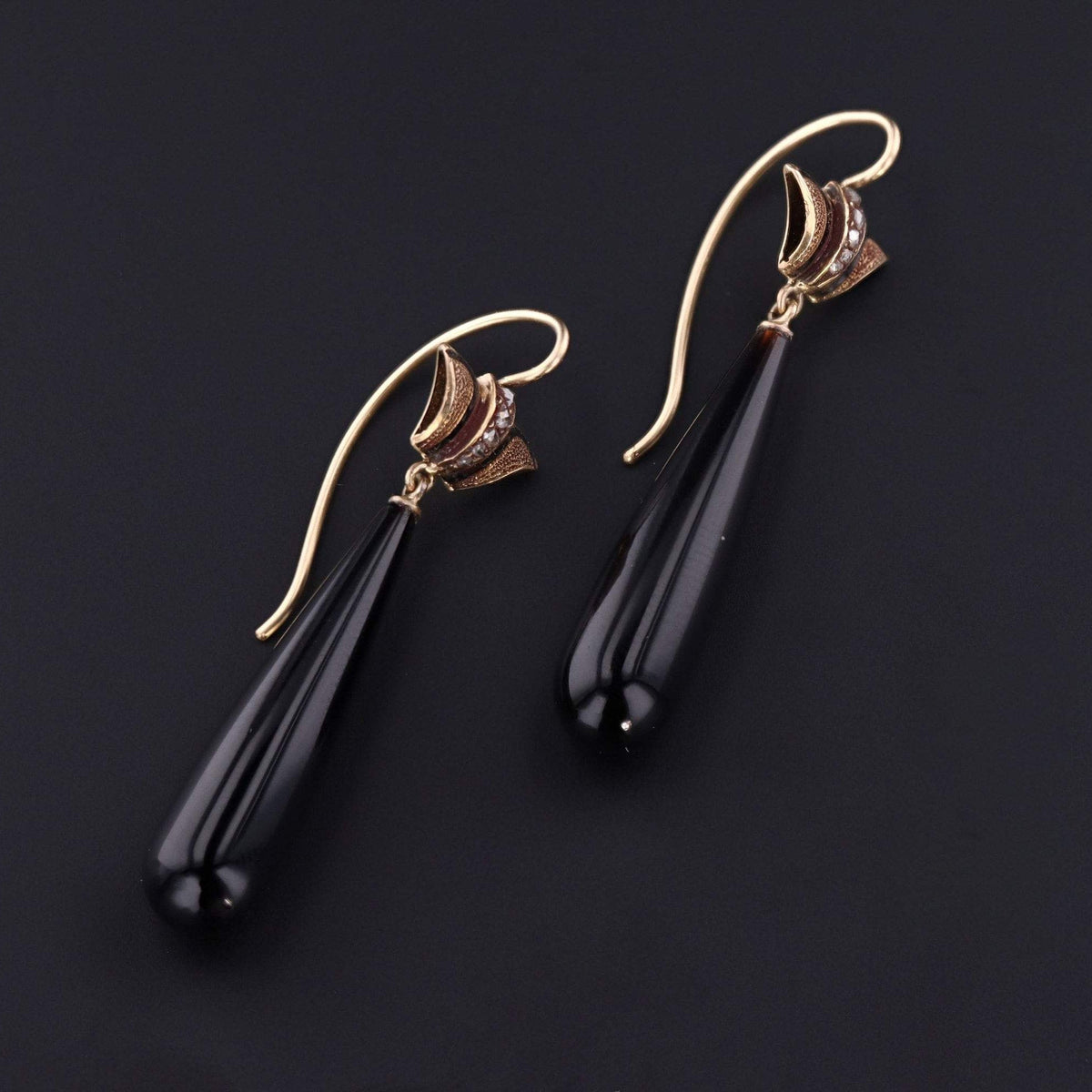 Onyx Earrings | 14k Gold Onyx &amp; Diamond Earrings - Trademark Antiques