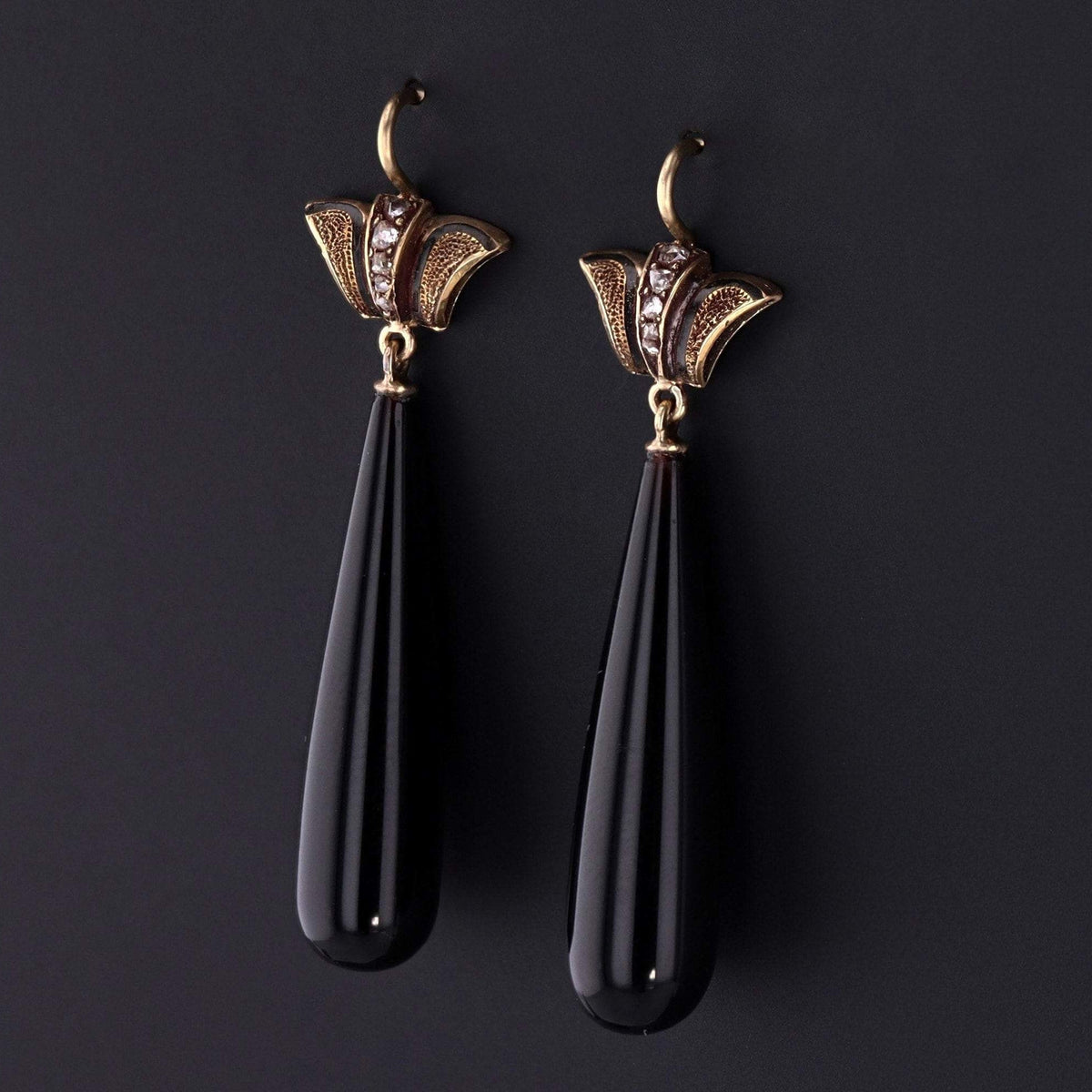 Onyx Earrings | 14k Gold Onyx &amp; Diamond Earrings - Trademark Antiques