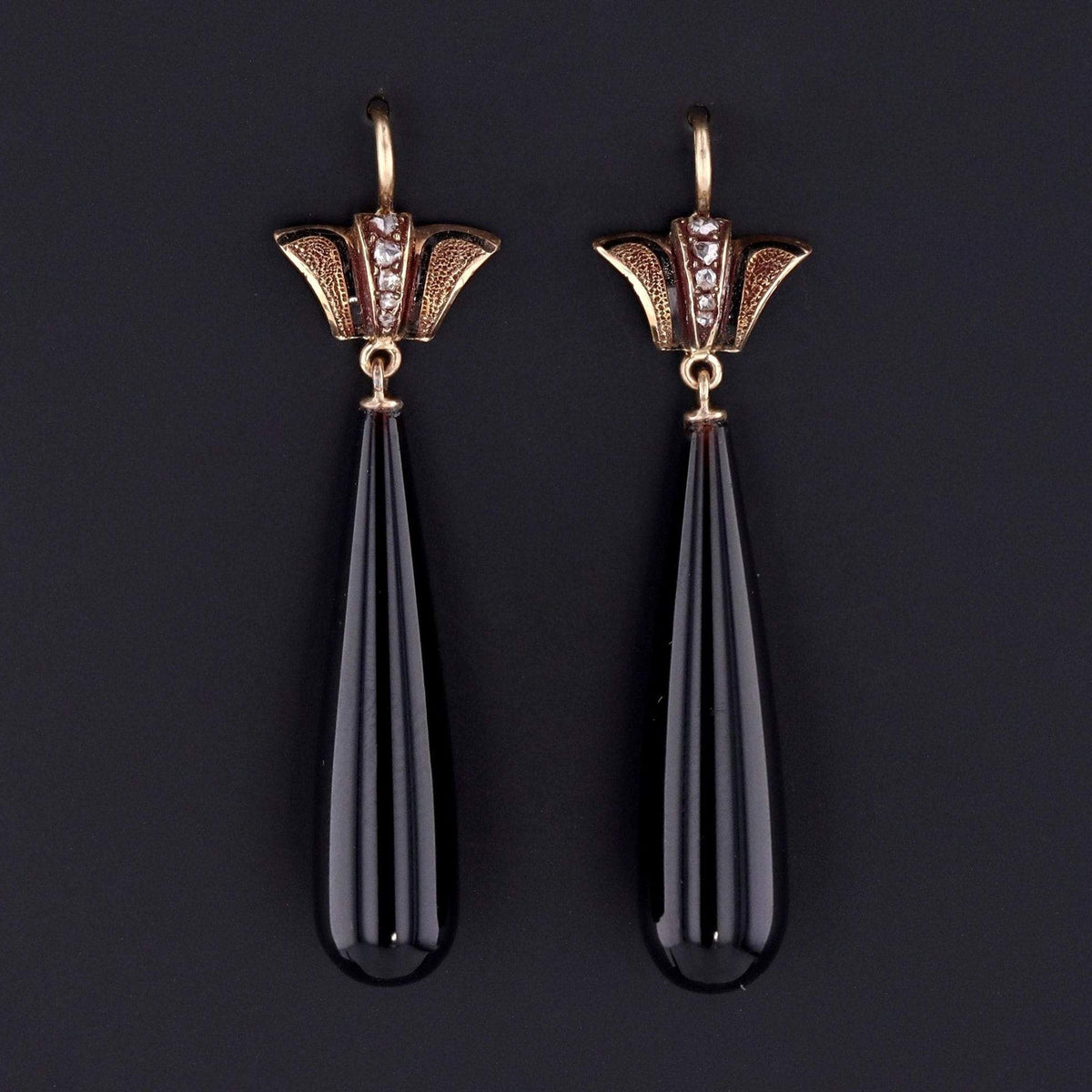 Onyx Earrings | 14k Gold Onyx &amp; Diamond Earrings - Trademark Antiques