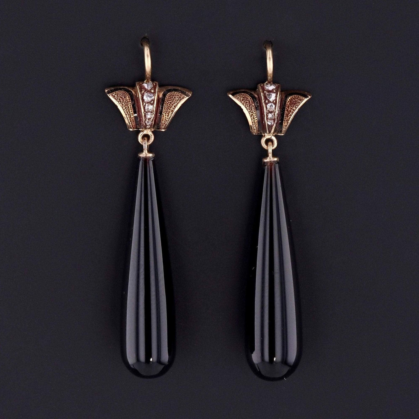 Onyx Earrings | 14k Gold Onyx & Diamond Earrings - Trademark Antiques