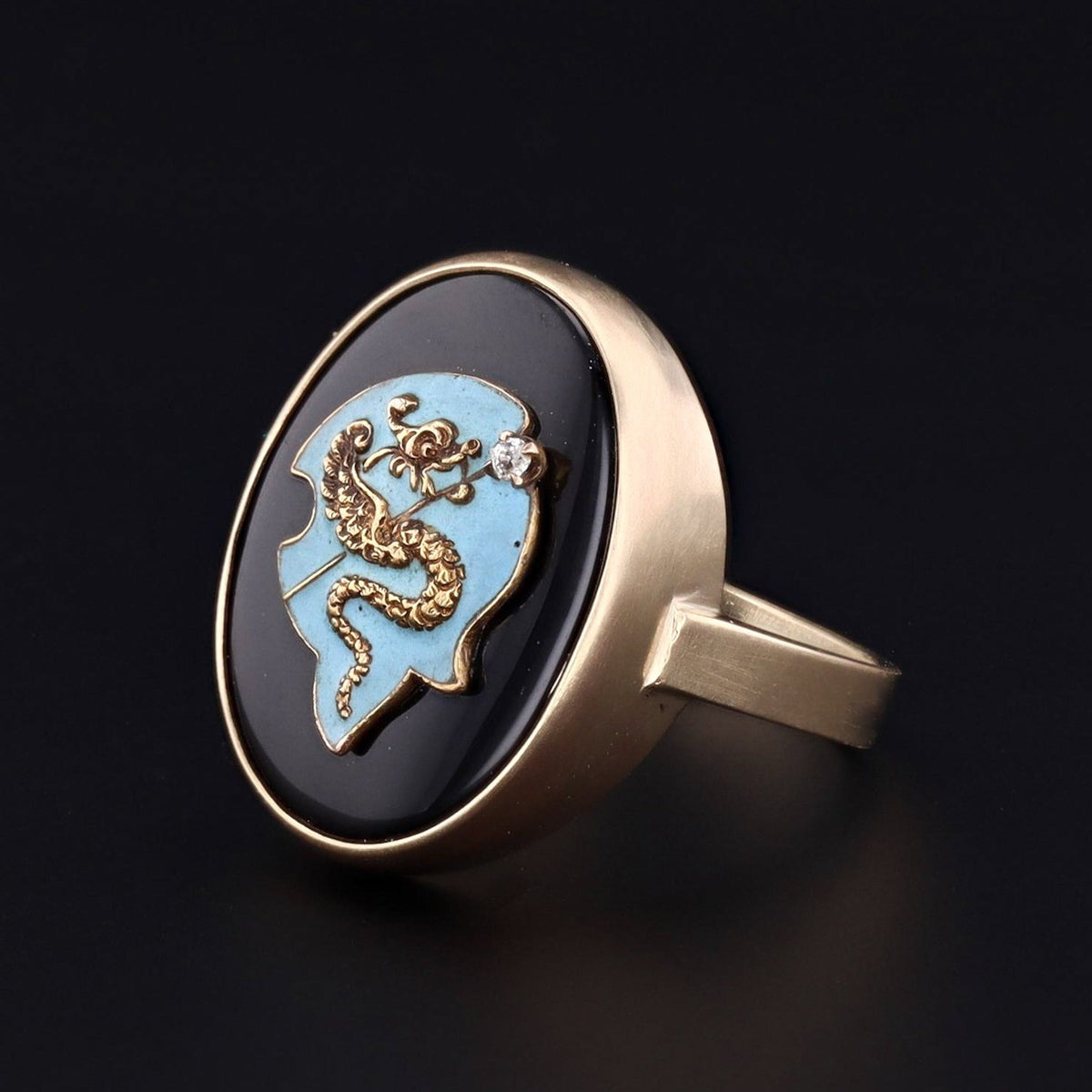 Onyx &amp; Enamel Dragon Ring | 14k Gold Ring - Trademark Antiques