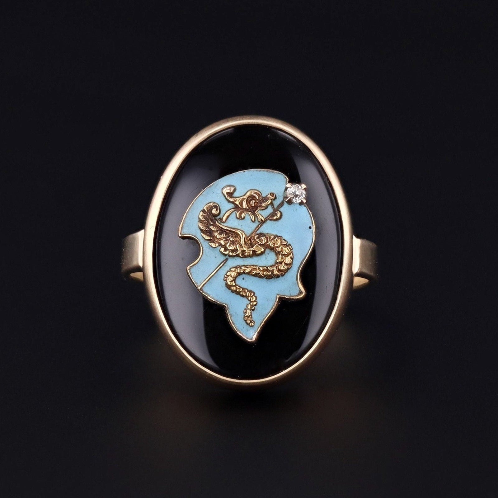 Onyx & Enamel Dragon Ring | 14k Gold Ring - Trademark Antiques