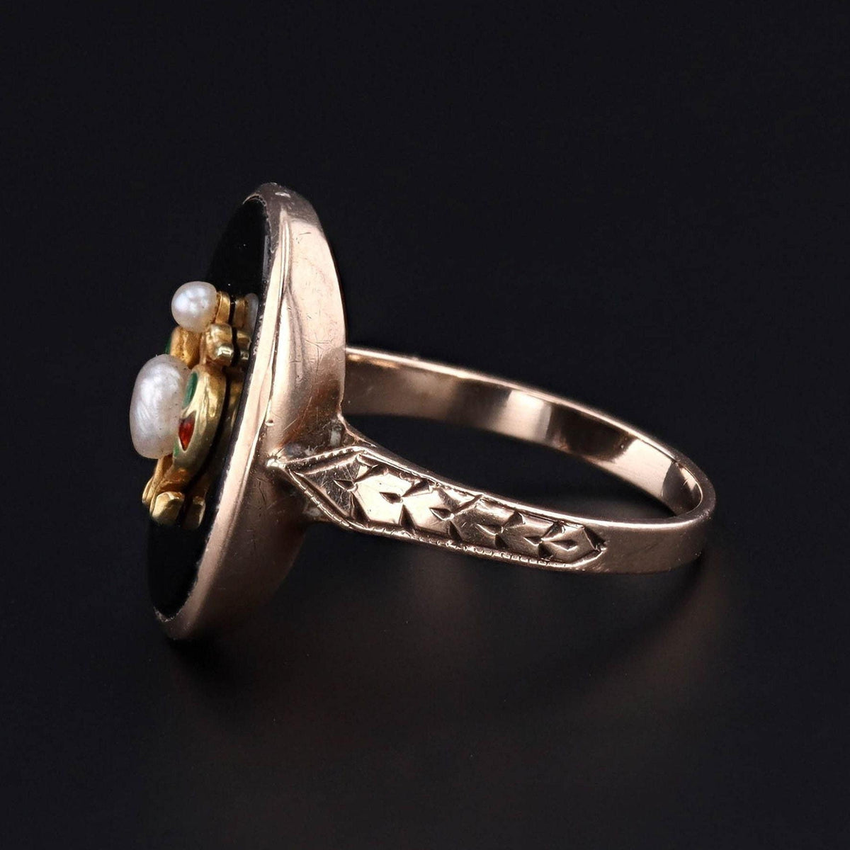 Onyx Enamel &amp; Pearl Double Dragon Ring | 10k Gold Ring - Trademark Antiques