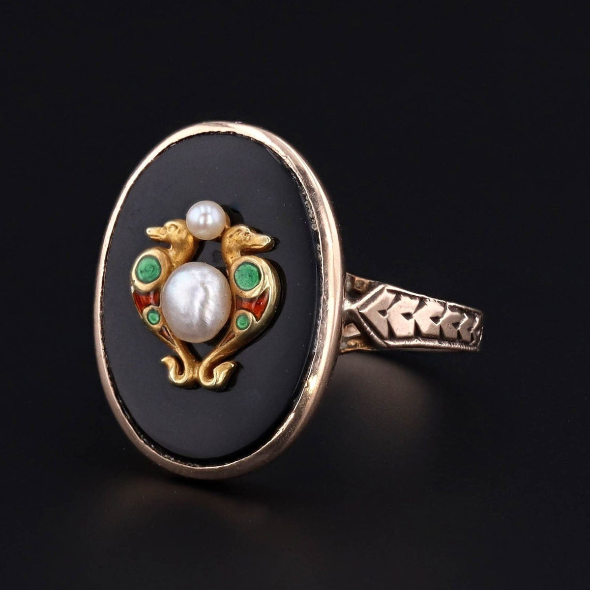 Onyx Enamel &amp; Pearl Double Dragon Ring | 10k Gold Ring - Trademark Antiques