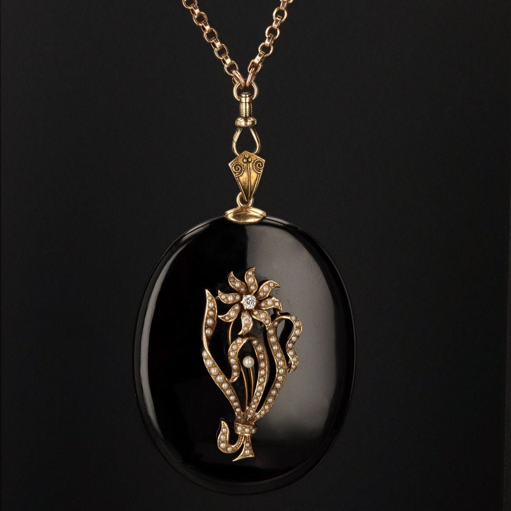Onyx Locket | Antique Onyx &amp; Pearl Locket - Trademark Antiques