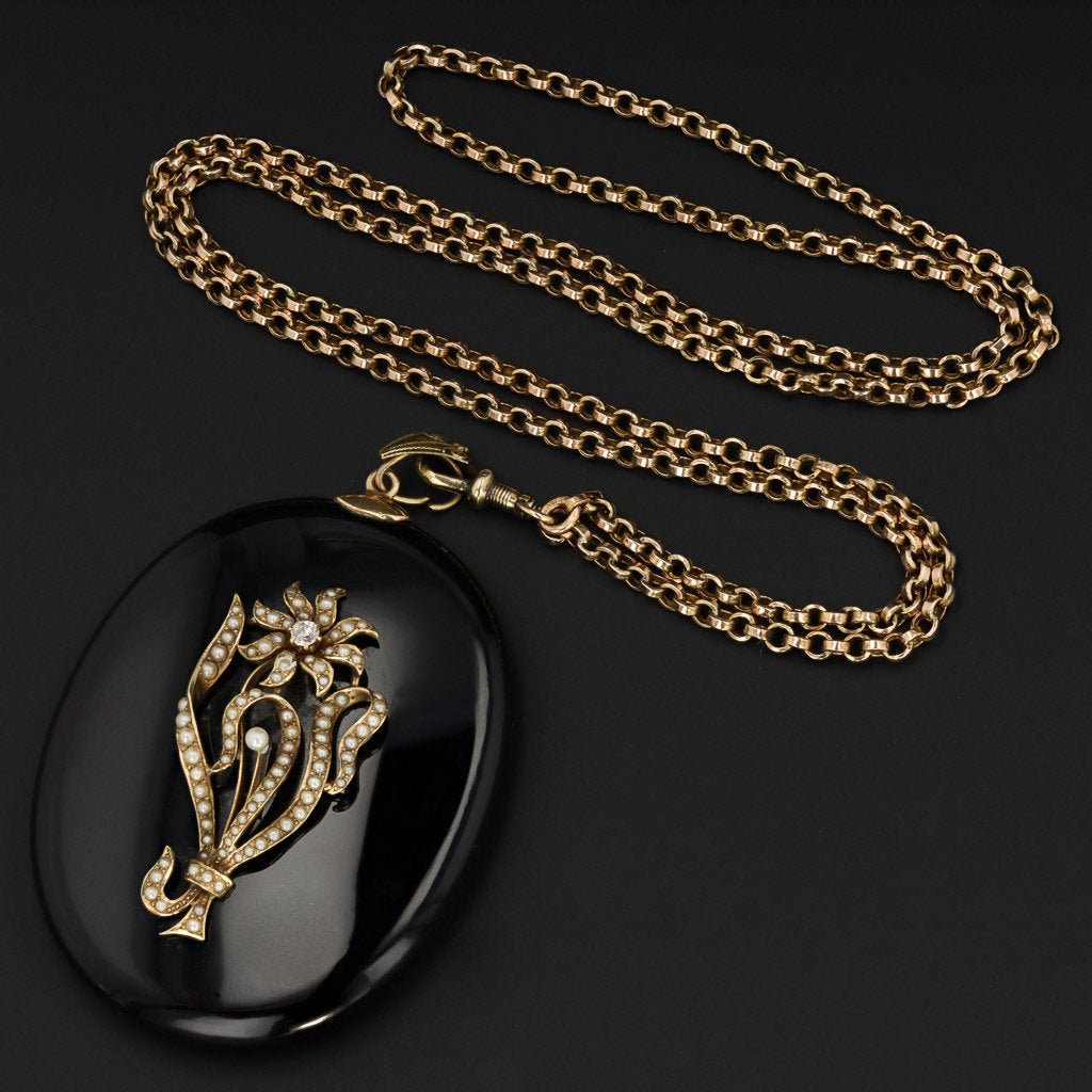 Onyx Locket | Antique Onyx &amp; Pearl Locket - Trademark Antiques