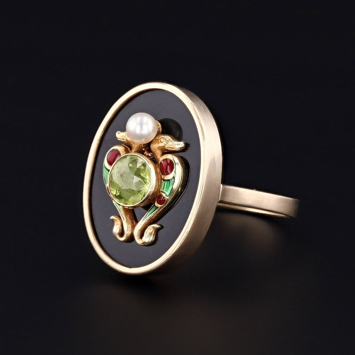Onyx &amp; Peridot Double Dragon Ring | 14k Gold Ring - Trademark Antiques