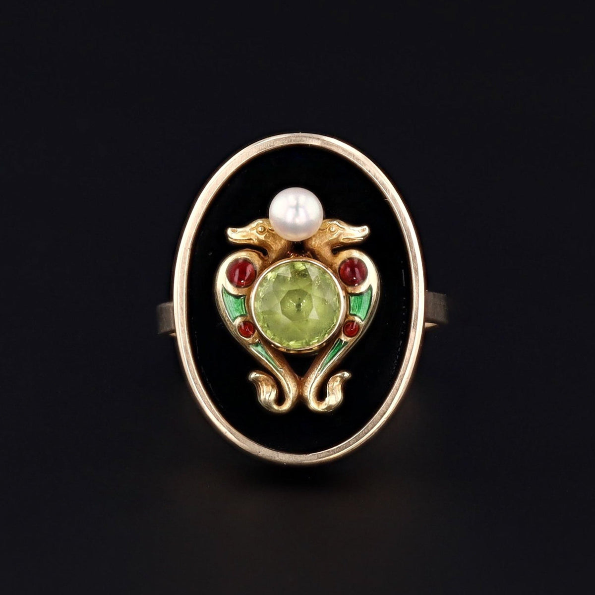 Onyx &amp; Peridot Double Dragon Ring | 14k Gold Ring - Trademark Antiques