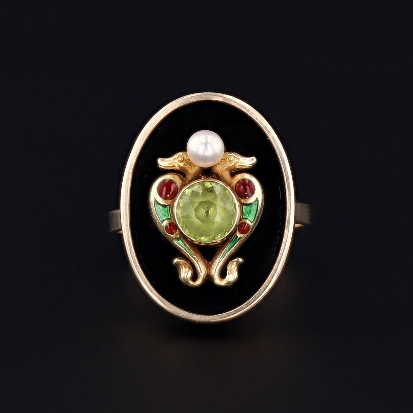 Onyx & Peridot Double Dragon Ring | 14k Gold Ring - Trademark Antiques