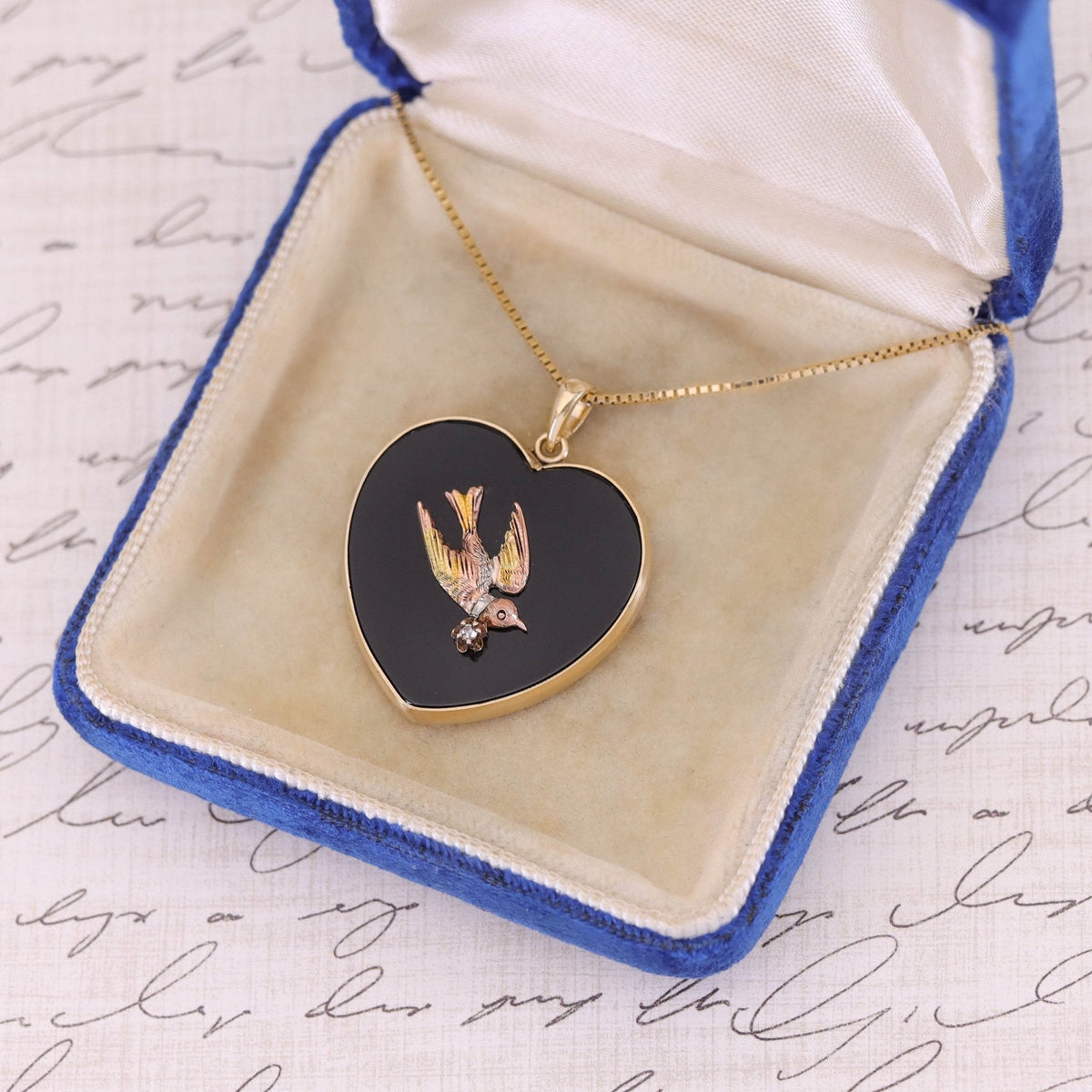 Onyx Swallow Pendant of 14k Gold - Trademark Antiques