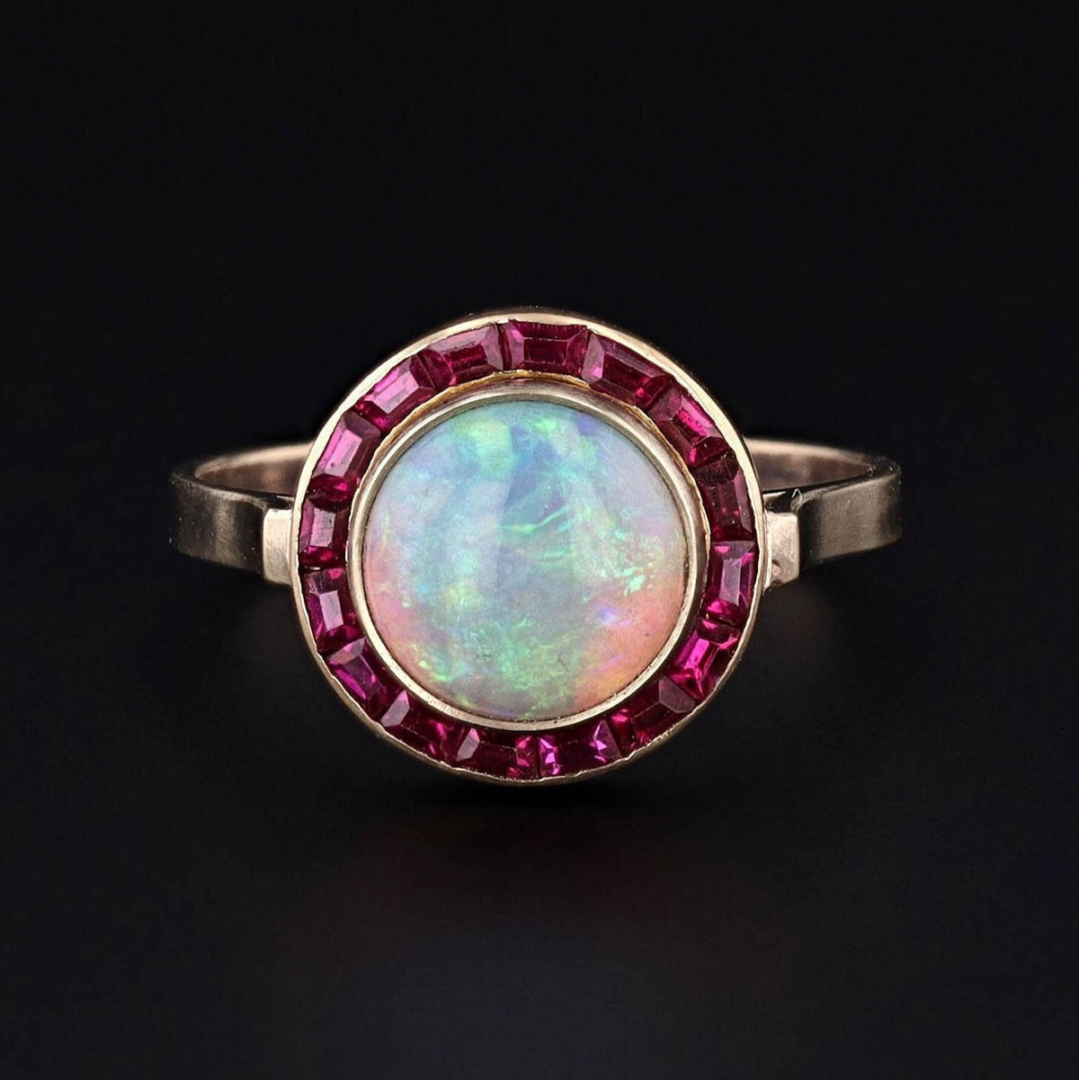 Opal and Ruby Halo Ring of 14k Gold Created from Antique Pin Components - Trademark Antiques