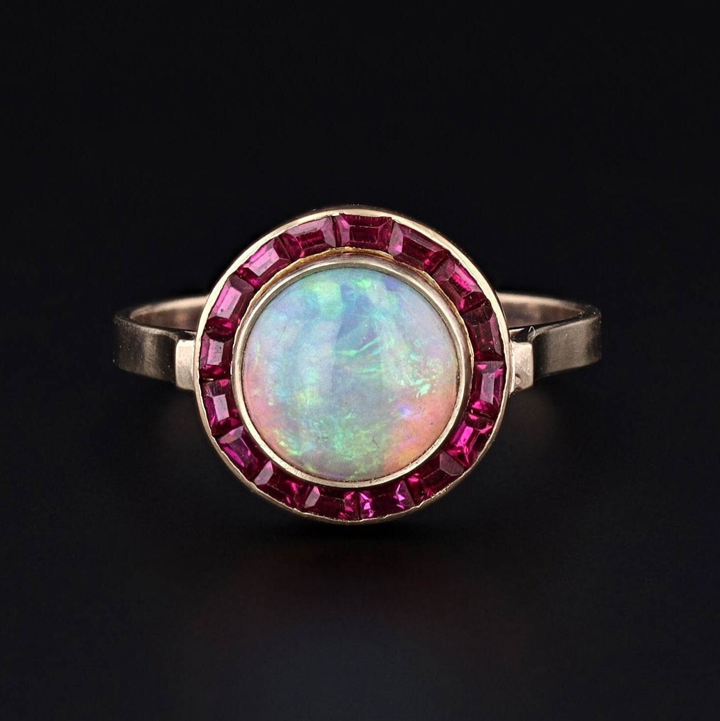 Opal and Ruby Halo Ring of 14k Gold Created from Antique Pin Components - Trademark Antiques