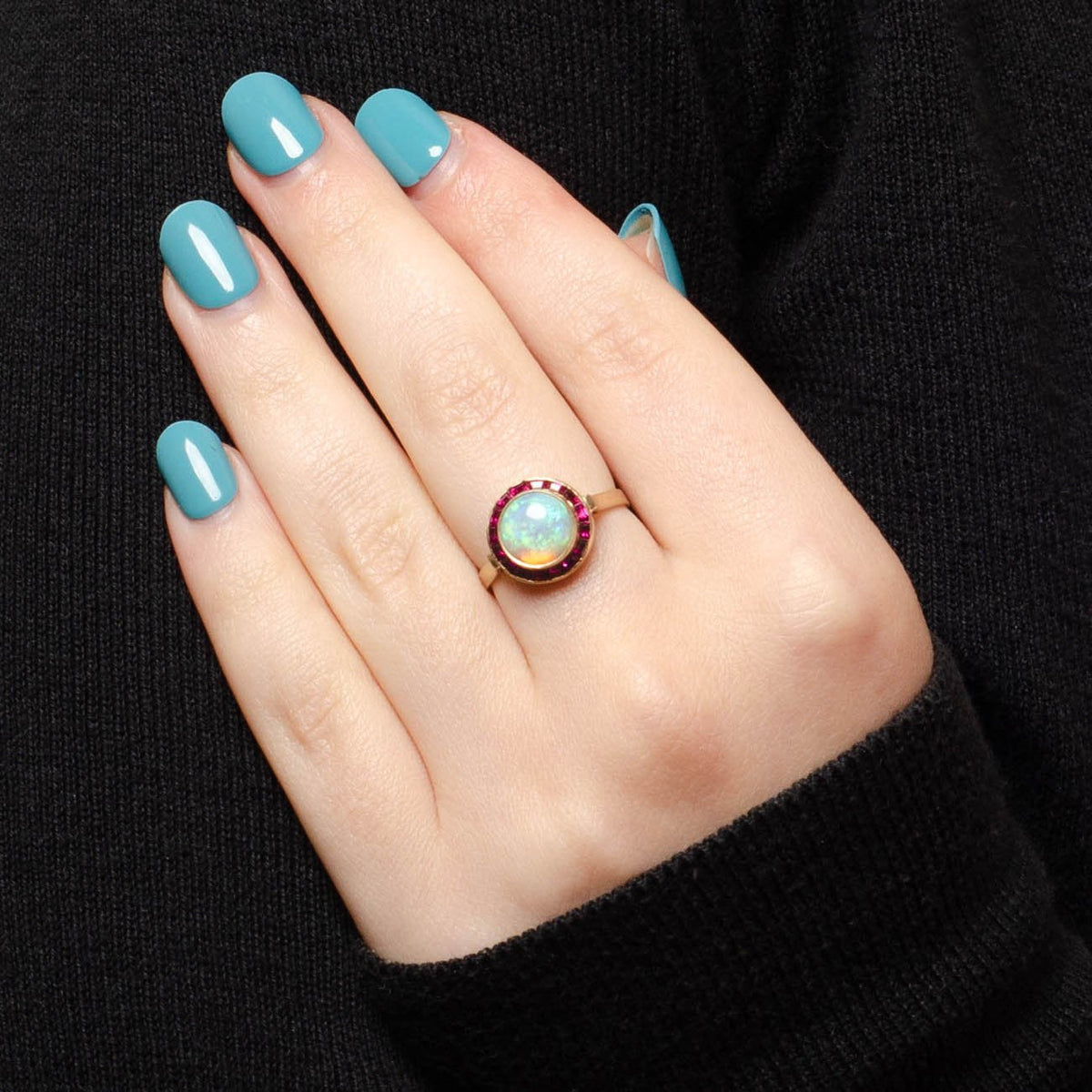 Opal and Ruby Halo Ring of 14k Gold Created from Antique Pin Components - Trademark Antiques