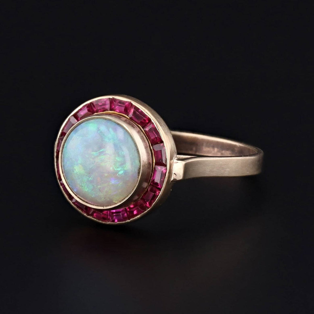 Opal and Ruby Halo Ring of 14k Gold Created from Antique Pin Components - Trademark Antiques