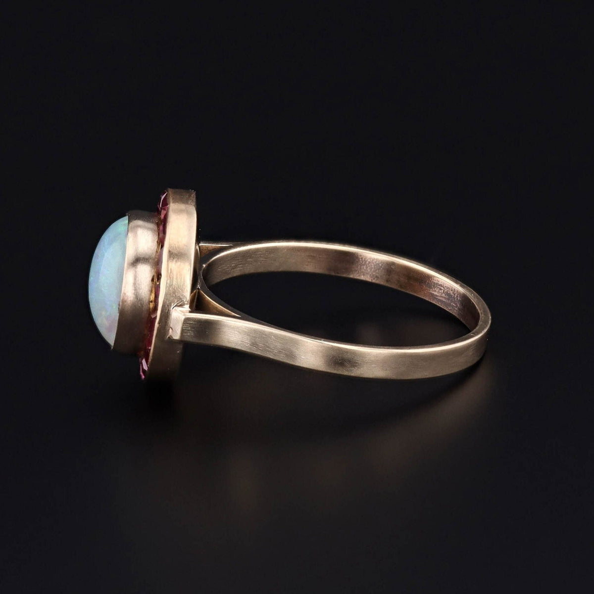 Opal and Ruby Halo Ring of 14k Gold Created from Antique Pin Components - Trademark Antiques