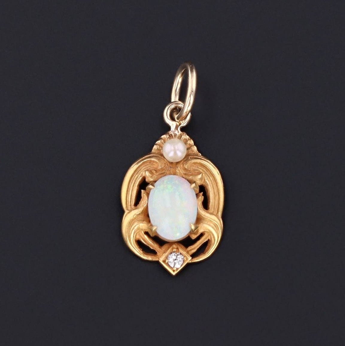 Opal &amp; Diamond Charm | 14k Gold Charm - Trademark Antiques
