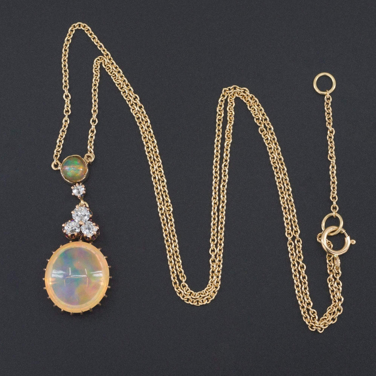 Opal &amp; Diamond Necklace | 14k Gold Fire Opal and Diamond Necklace - Trademark Antiques