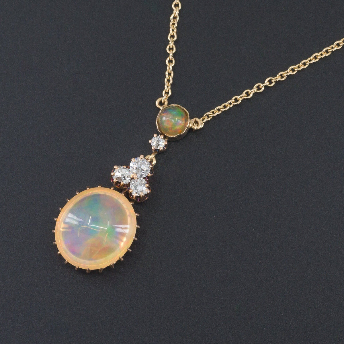 Opal &amp; Diamond Necklace | 14k Gold Fire Opal and Diamond Necklace - Trademark Antiques