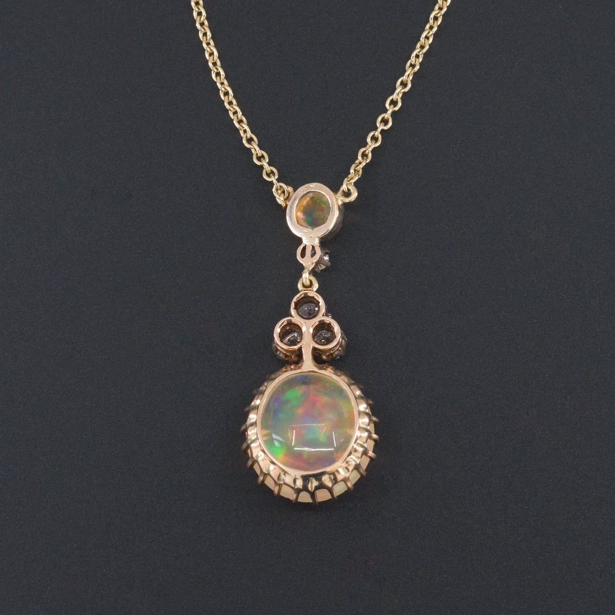 Opal &amp; Diamond Necklace | 14k Gold Fire Opal and Diamond Necklace - Trademark Antiques