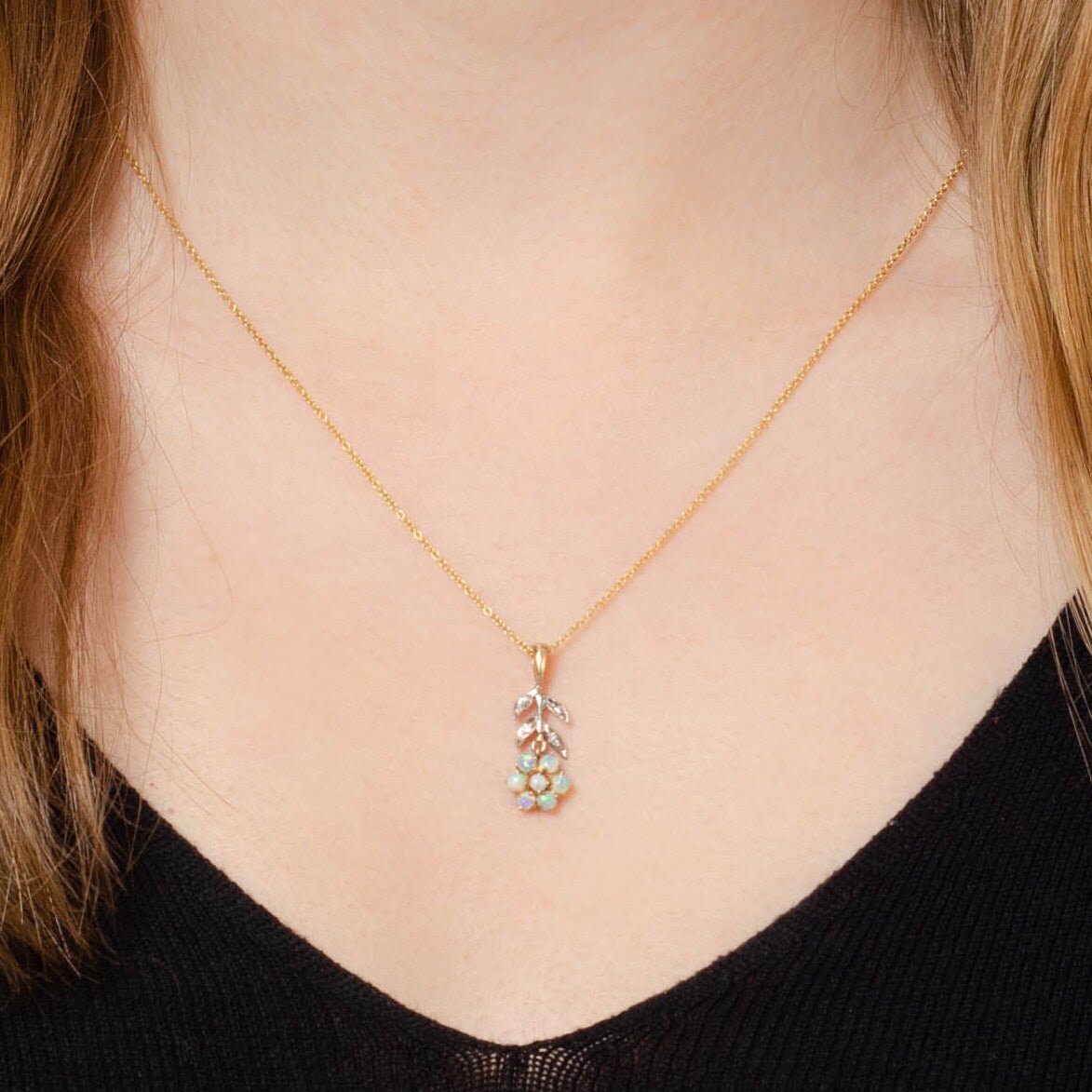 Opal &amp; Diamond Pendant | 14k Gold Pendant on Optional 14k Chain - Trademark Antiques