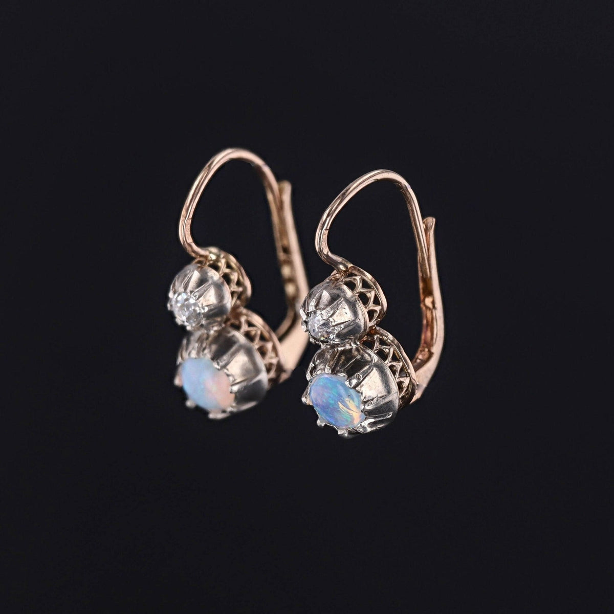 Opal Earrings | 14k Gold, Opal &amp; Diamond Earrings - Trademark Antiques