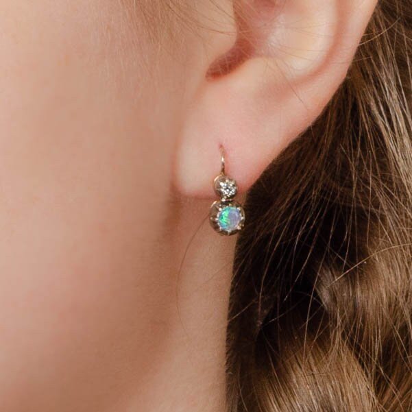 Opal Earrings | 14k Gold, Opal &amp; Diamond Earrings - Trademark Antiques