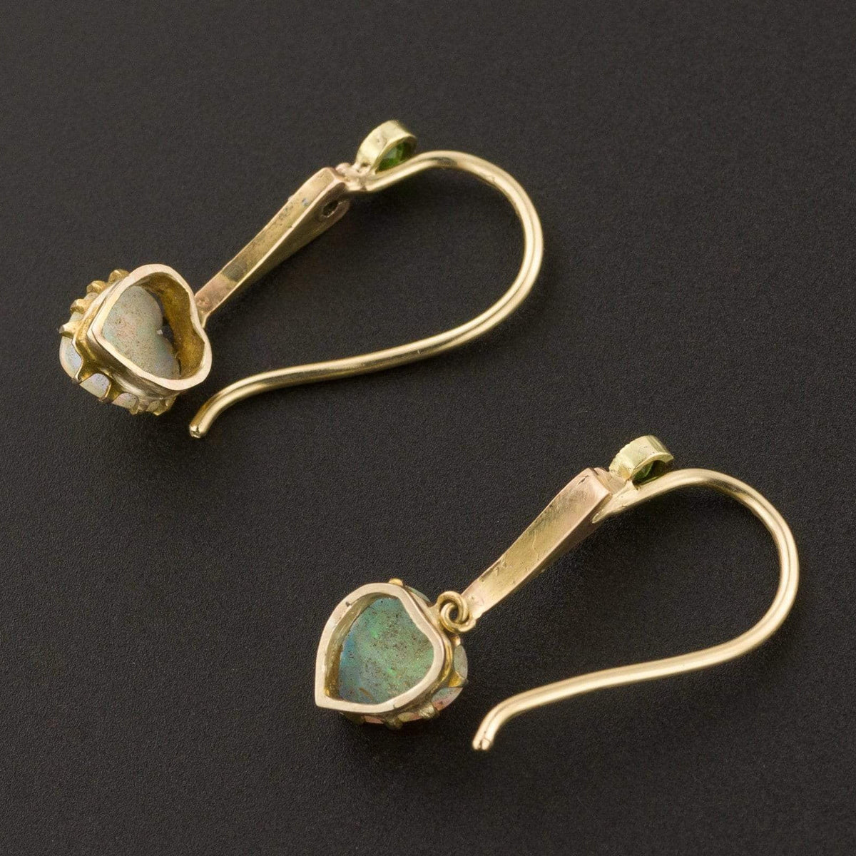 Opal Heart Earrings | Antique Opal Heart Earrings with Diamond &amp; Demantoid Garnets - Trademark Antiques