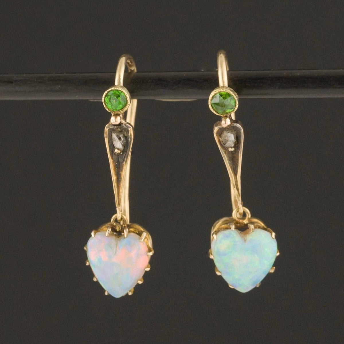 Opal Heart Earrings | Antique Opal Heart Earrings with Diamond &amp; Demantoid Garnets - Trademark Antiques