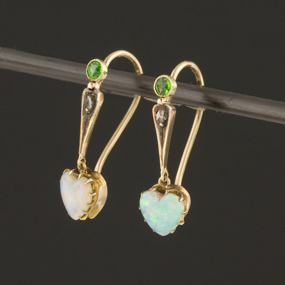 Opal Heart Earrings | Antique Opal Heart Earrings with Diamond &amp; Demantoid Garnets - Trademark Antiques
