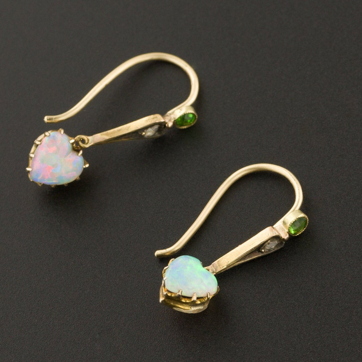 Opal Heart Earrings | Antique Opal Heart Earrings with Diamond &amp; Demantoid Garnets - Trademark Antiques
