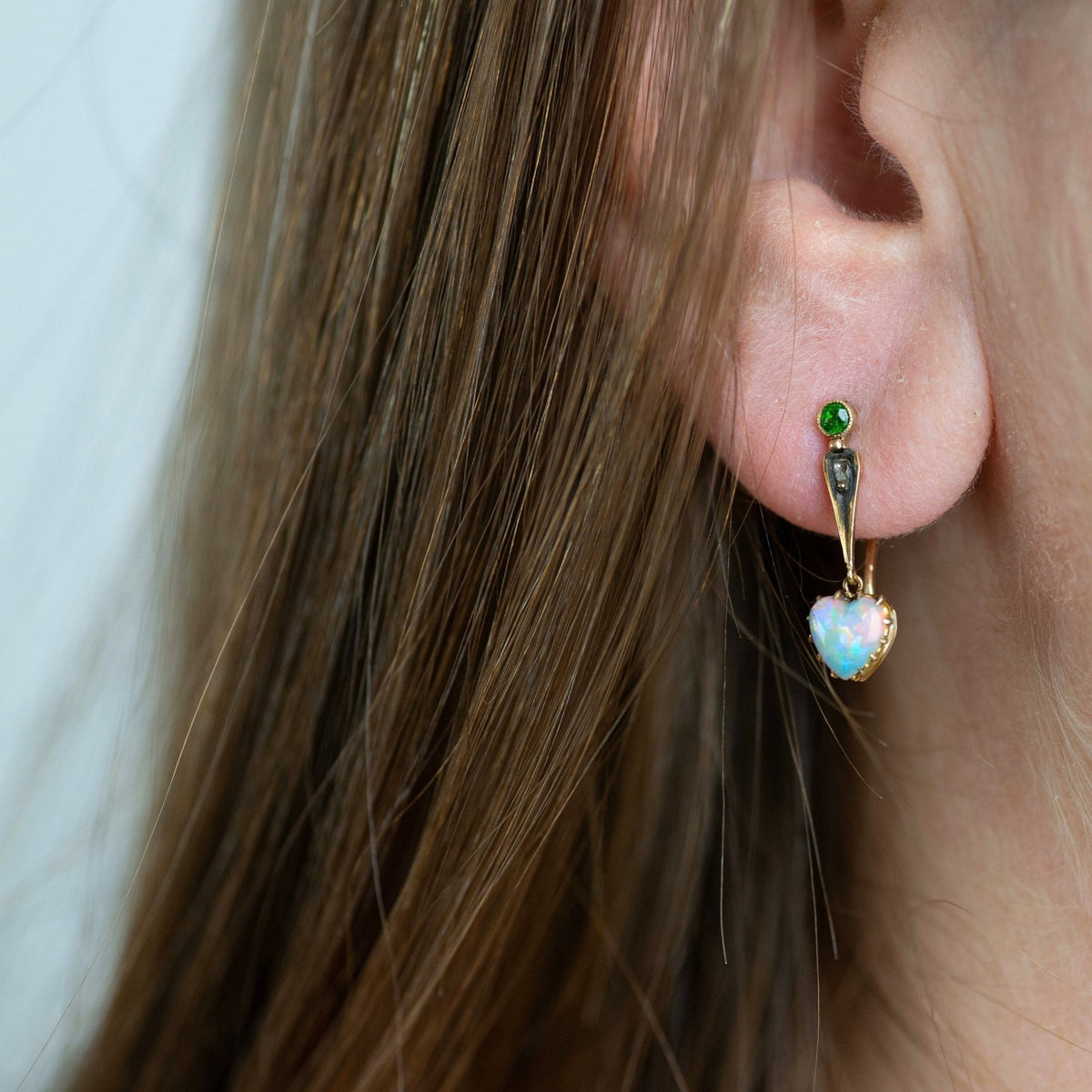 Opal Heart Earrings | Antique Opal Heart Earrings with Diamond &amp; Demantoid Garnets - Trademark Antiques