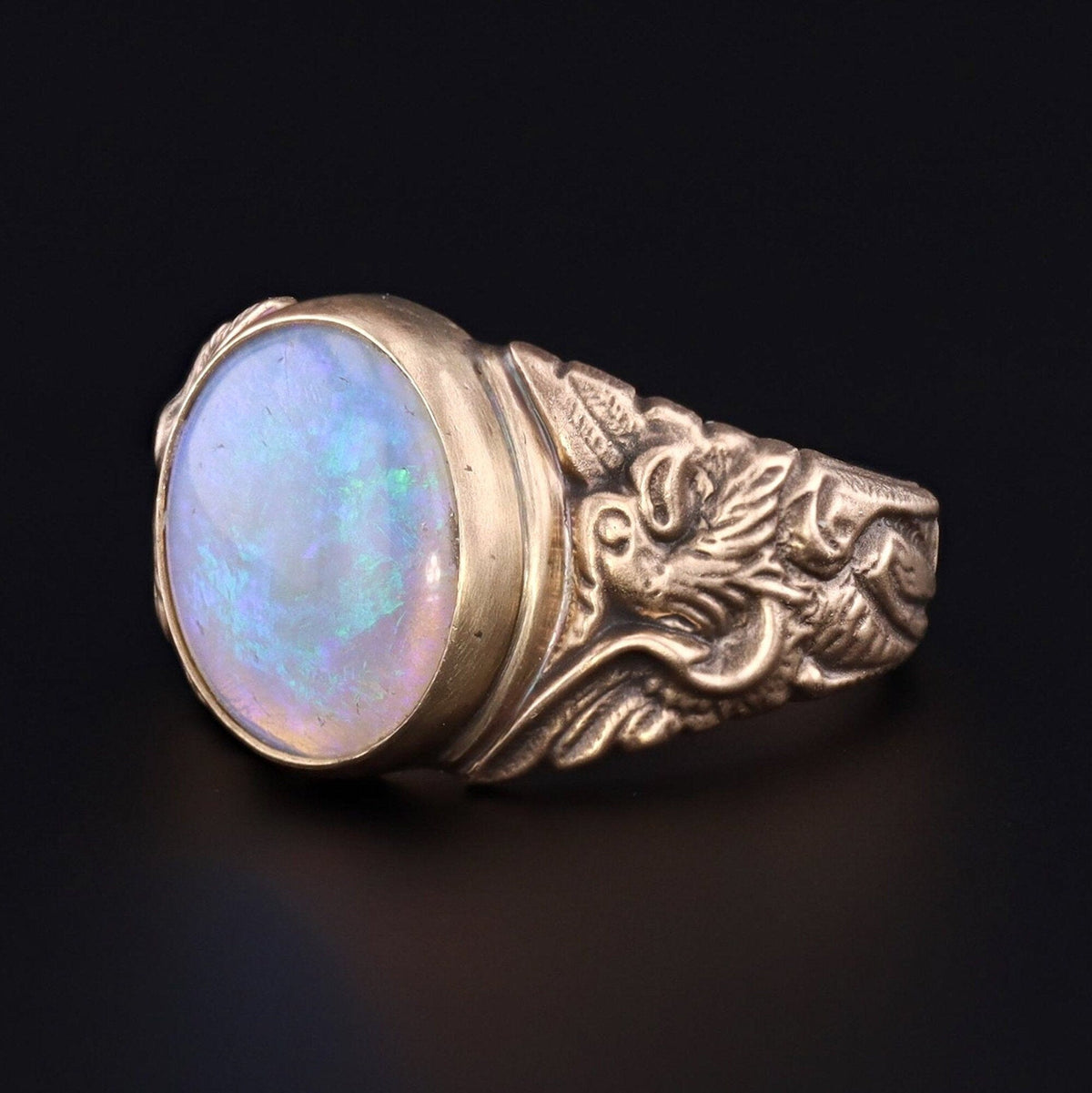 Opal Ring | 14k Gold &amp; Jelly Opal Griffin Ring - Trademark Antiques