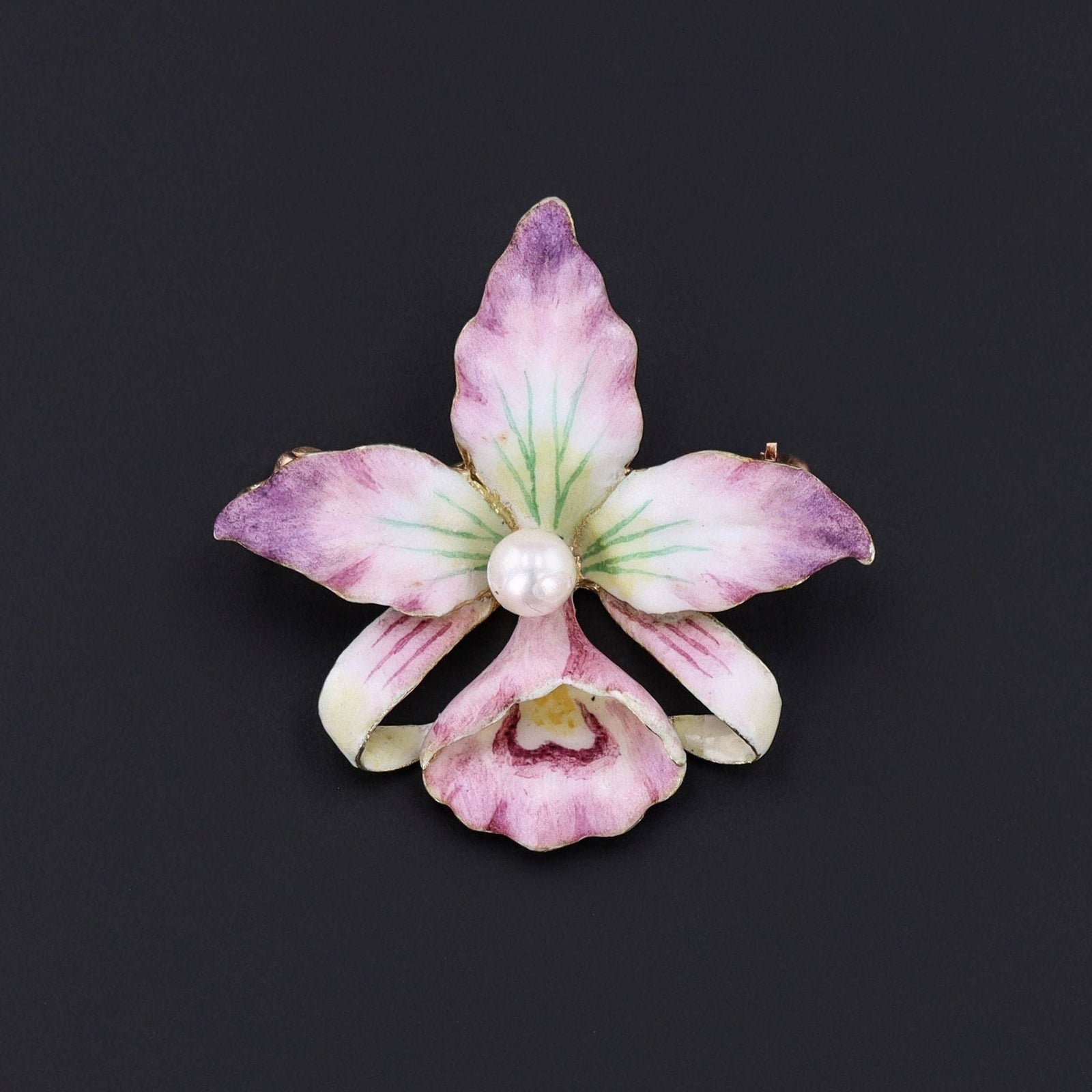 Orchid Pin | Vintage Enamel Flower Pin - Trademark Antiques