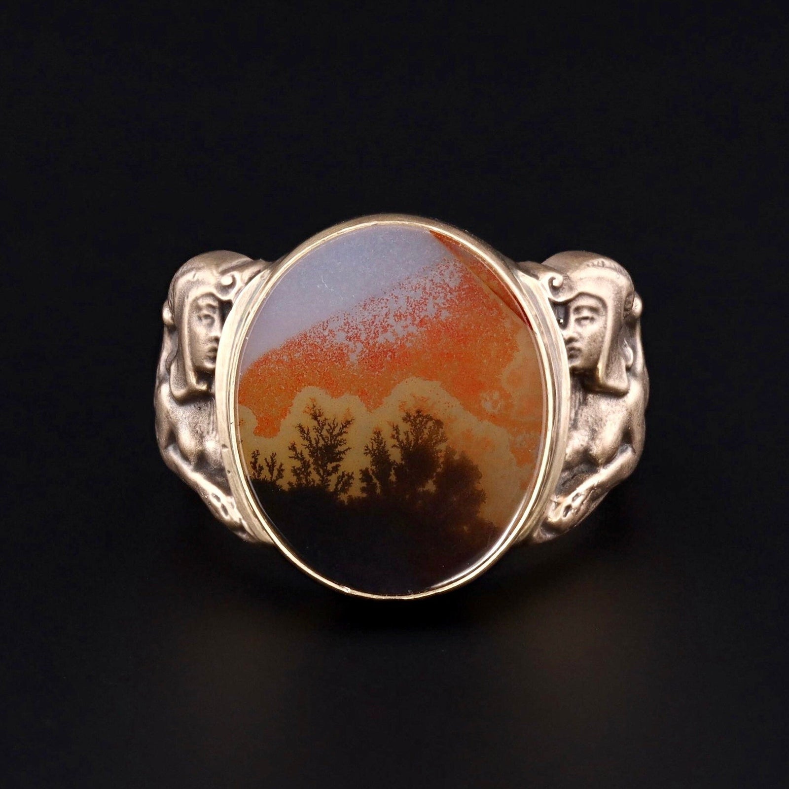 Oval Dendritic Agate Ring | 14k Gold Sphinx Ring - Trademark Antiques
