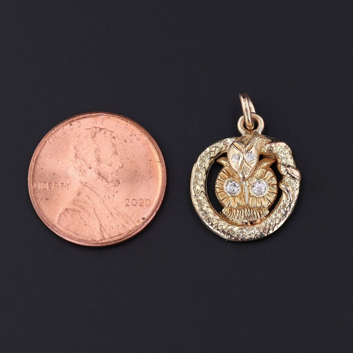 Owl and Snake Charm | 14k Gold &amp; Diamond Charm - Trademark Antiques