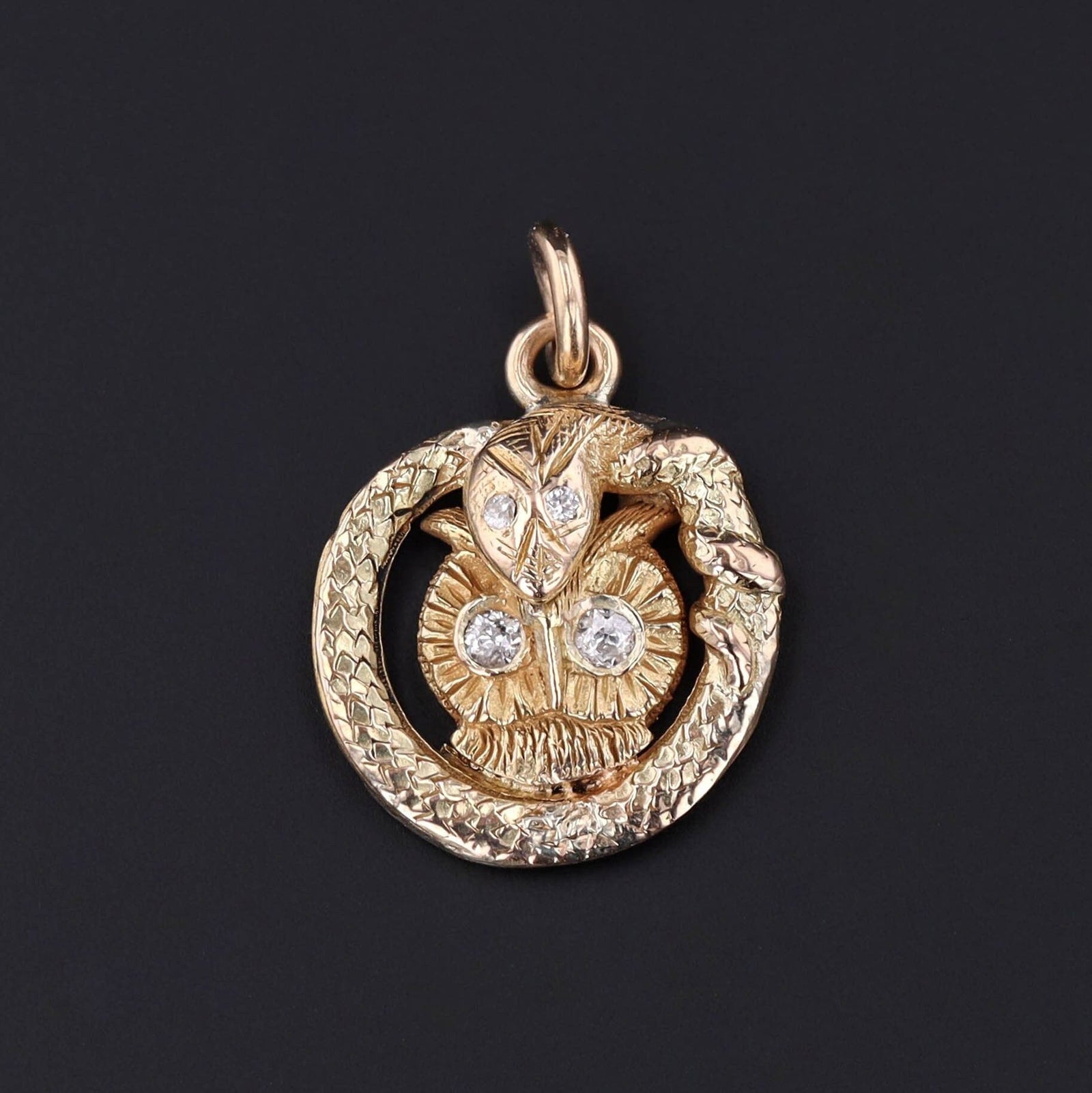 Owl and Snake Charm | 14k Gold & Diamond Charm - Trademark Antiques