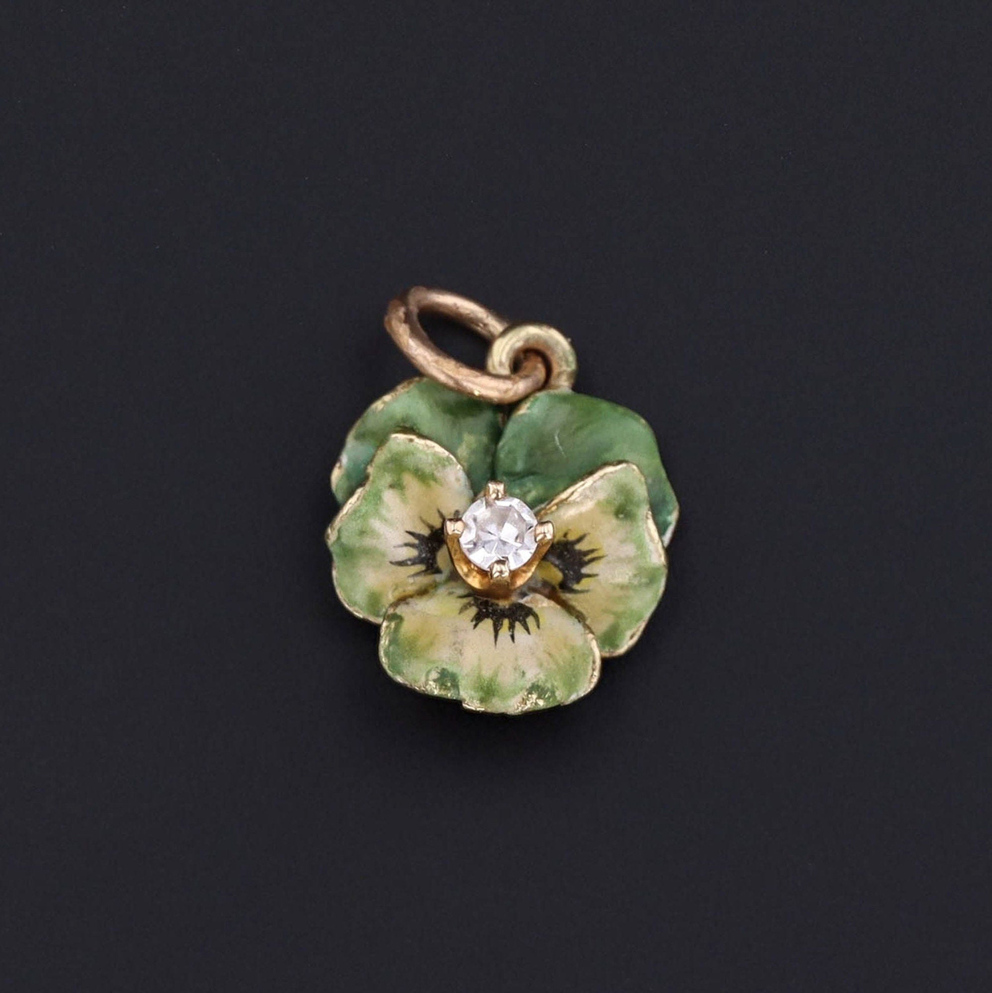 Pansy Charm | Green Enamel Pansy Pendant - Trademark Antiques