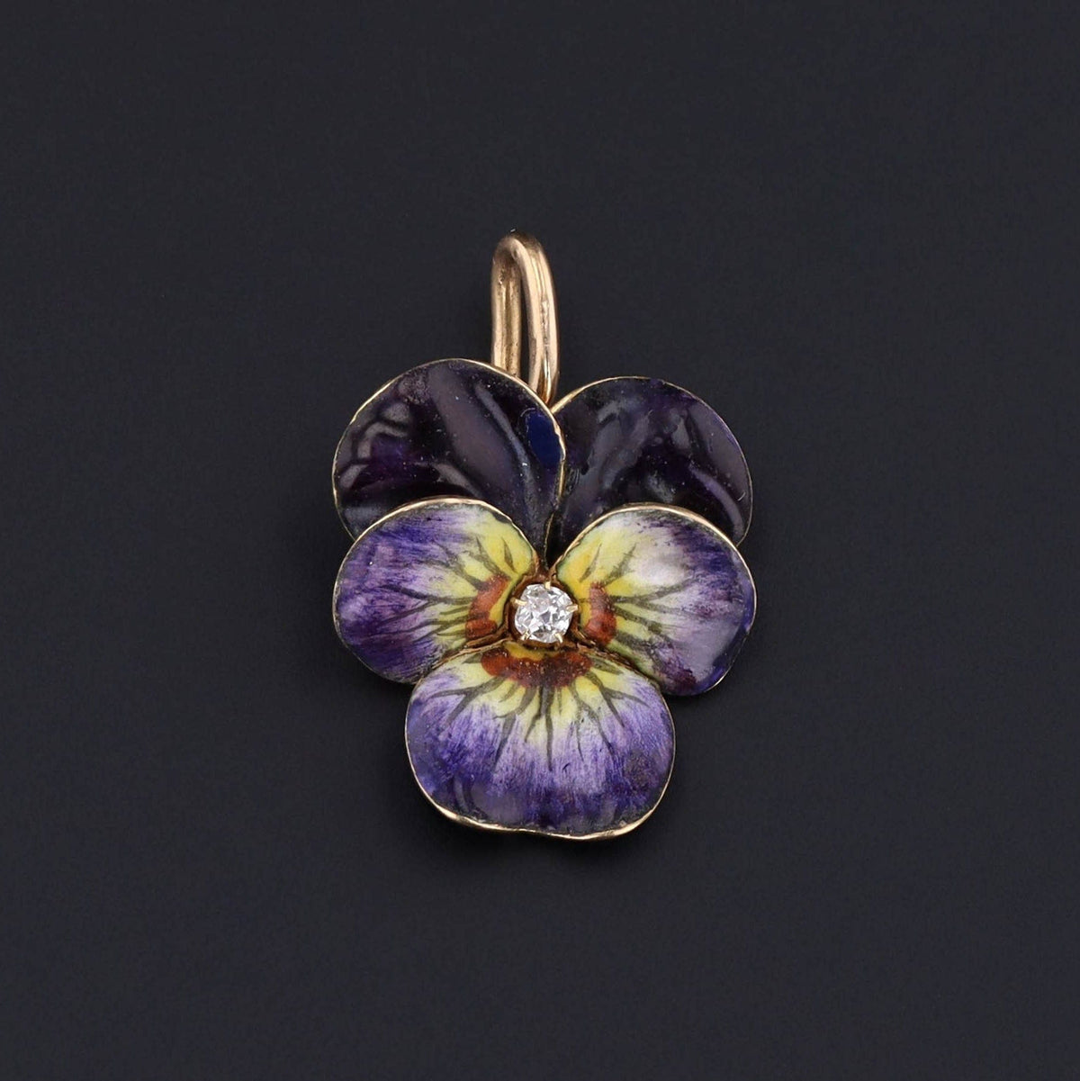 Pansy Charm | Purple Enamel &amp; Diamond Pansy Charm - Trademark Antiques