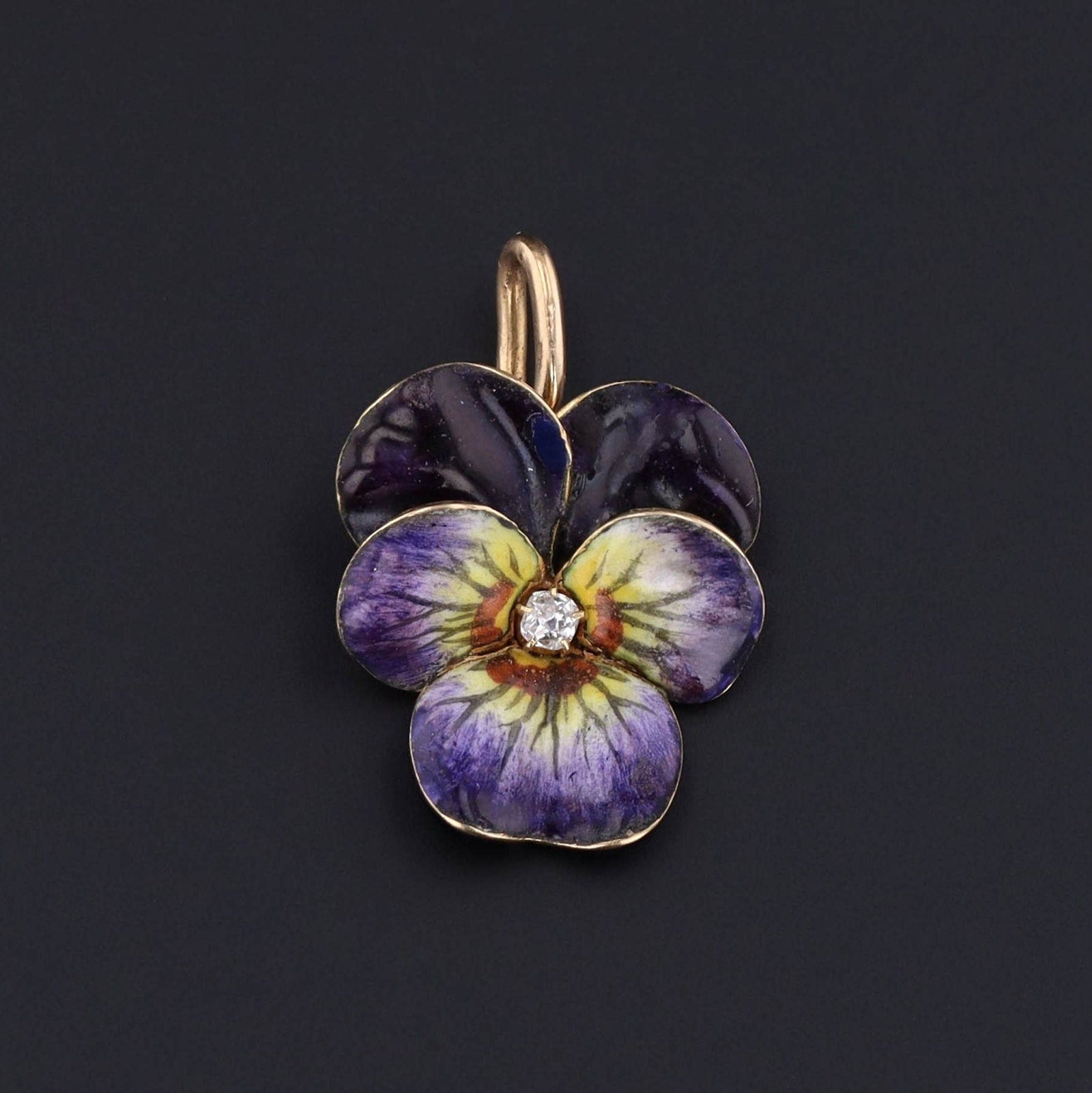 Pansy Charm | Purple Enamel & Diamond Pansy Charm - Trademark Antiques