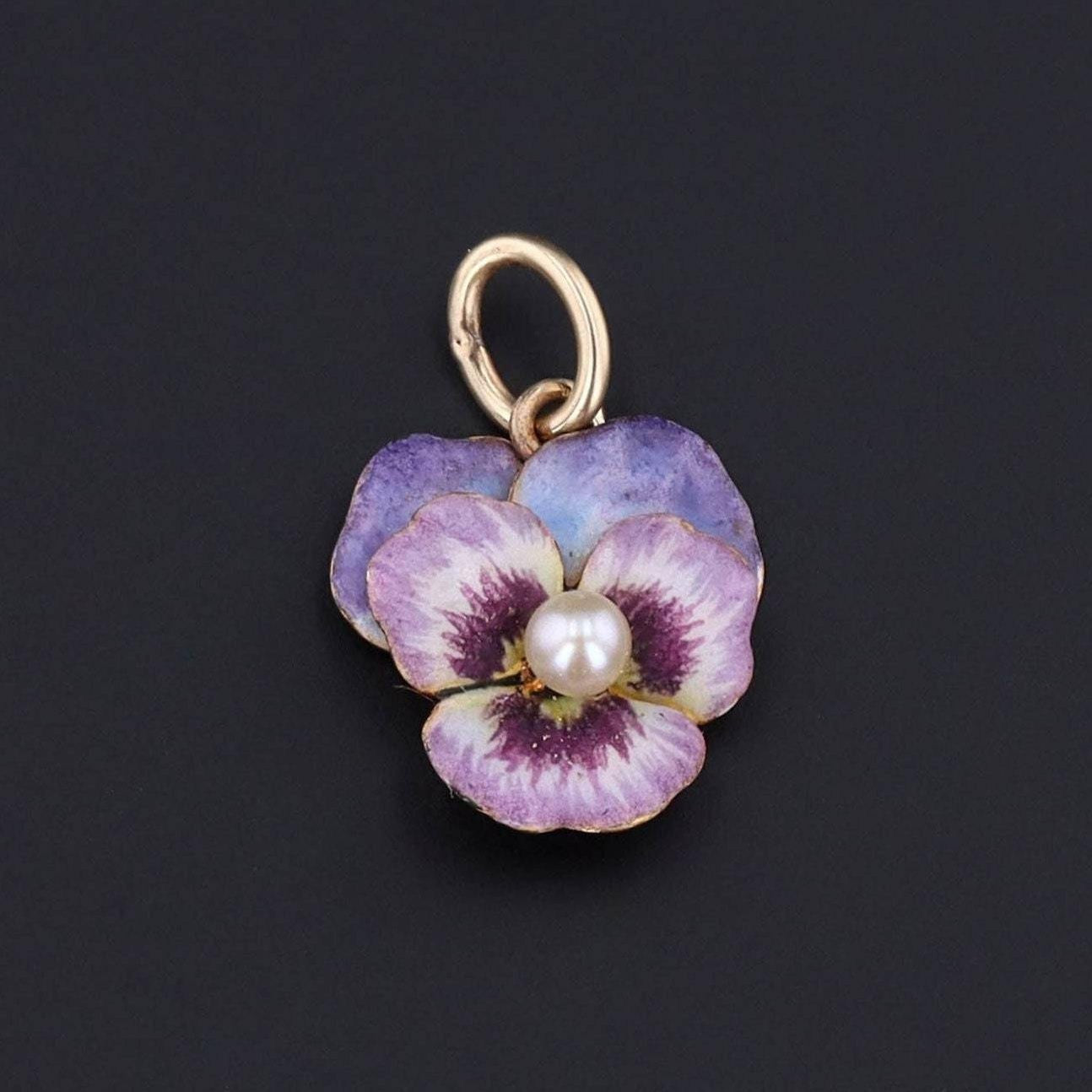 Pansy Charm | Purple Enamel Pansy with Pearl - Trademark Antiques