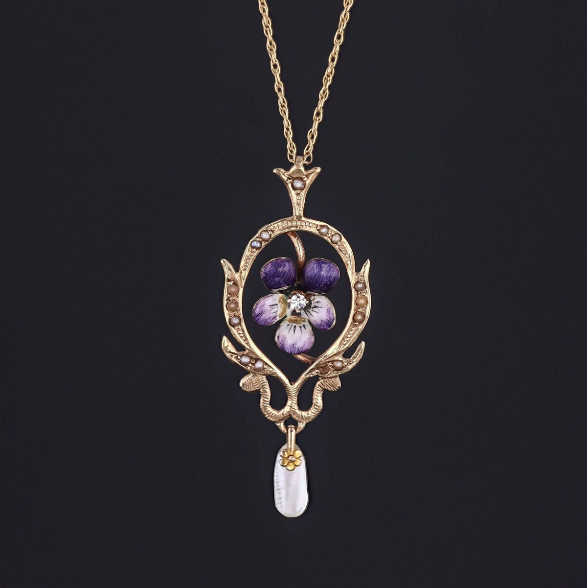 Pansy Pendant | Antique Enamel Pansy Pendant - Trademark Antiques